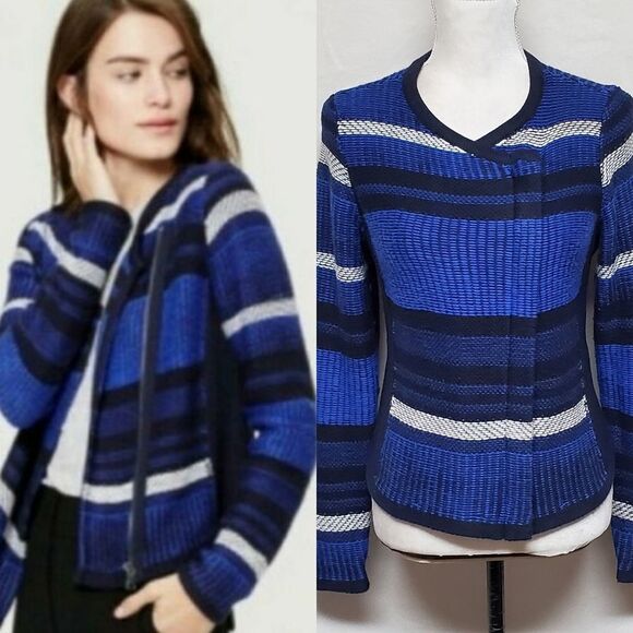 ANN Taylor Loft Blue Striped Side-Zip Long Sleeve High Low Knit Sweater Jacket - Picture 1 of 14